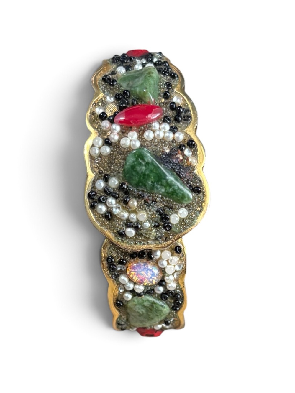 Vintage Gold-Tone Cuff Bracelet Watch with Green Stone, Pearl & Red Accents